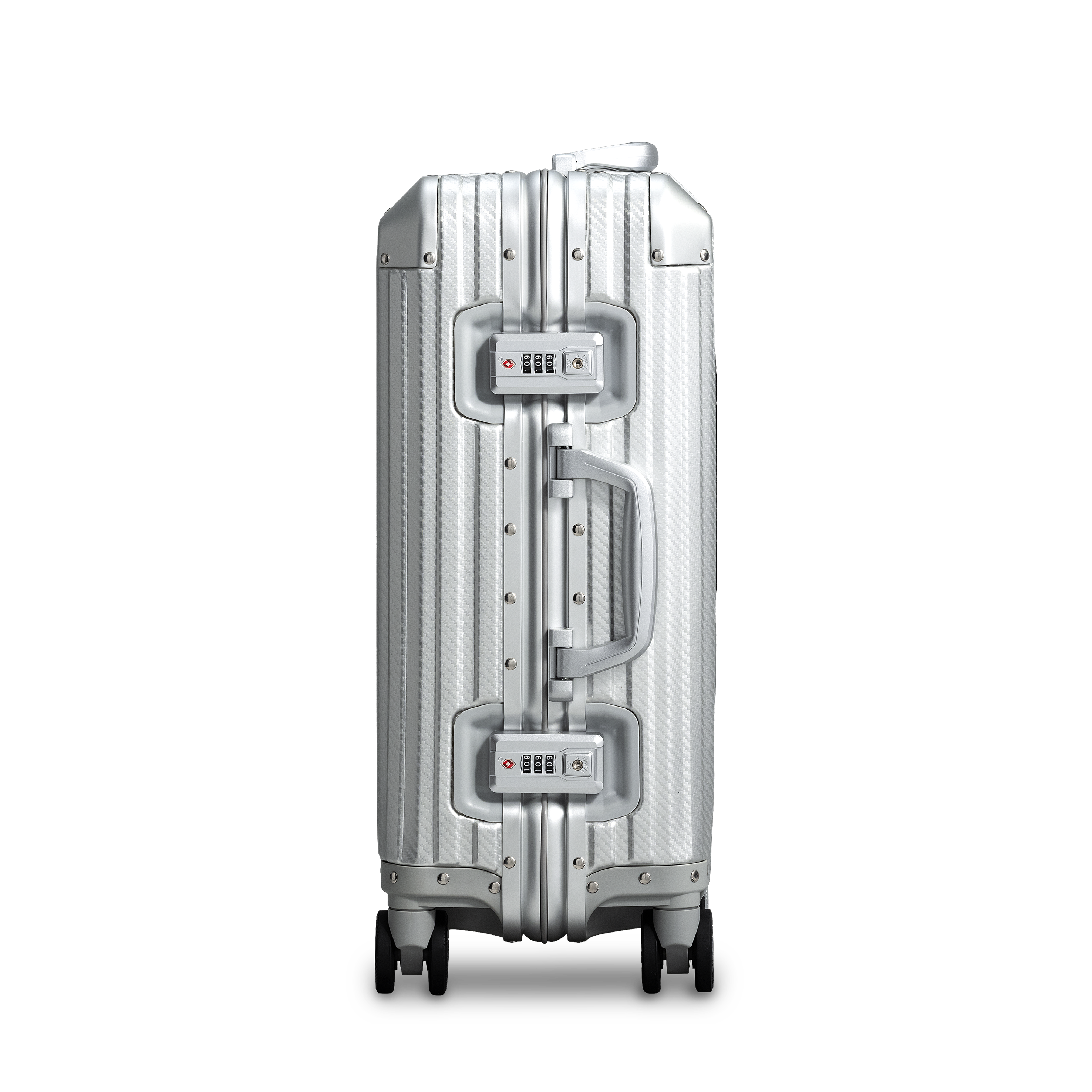Argent Classic silver aluminium suitcase sided view highlighting locks and handle minimalist design