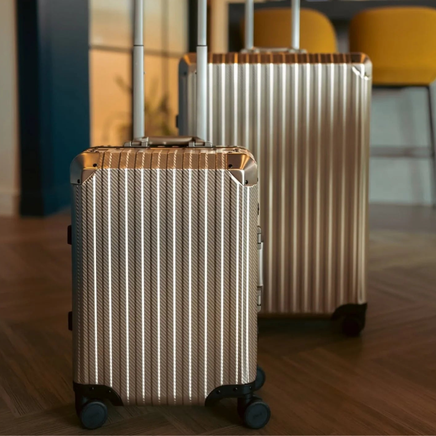 Champagn Lumiere aluminium suitcase view showing premium hard shell design and luxury travel finish