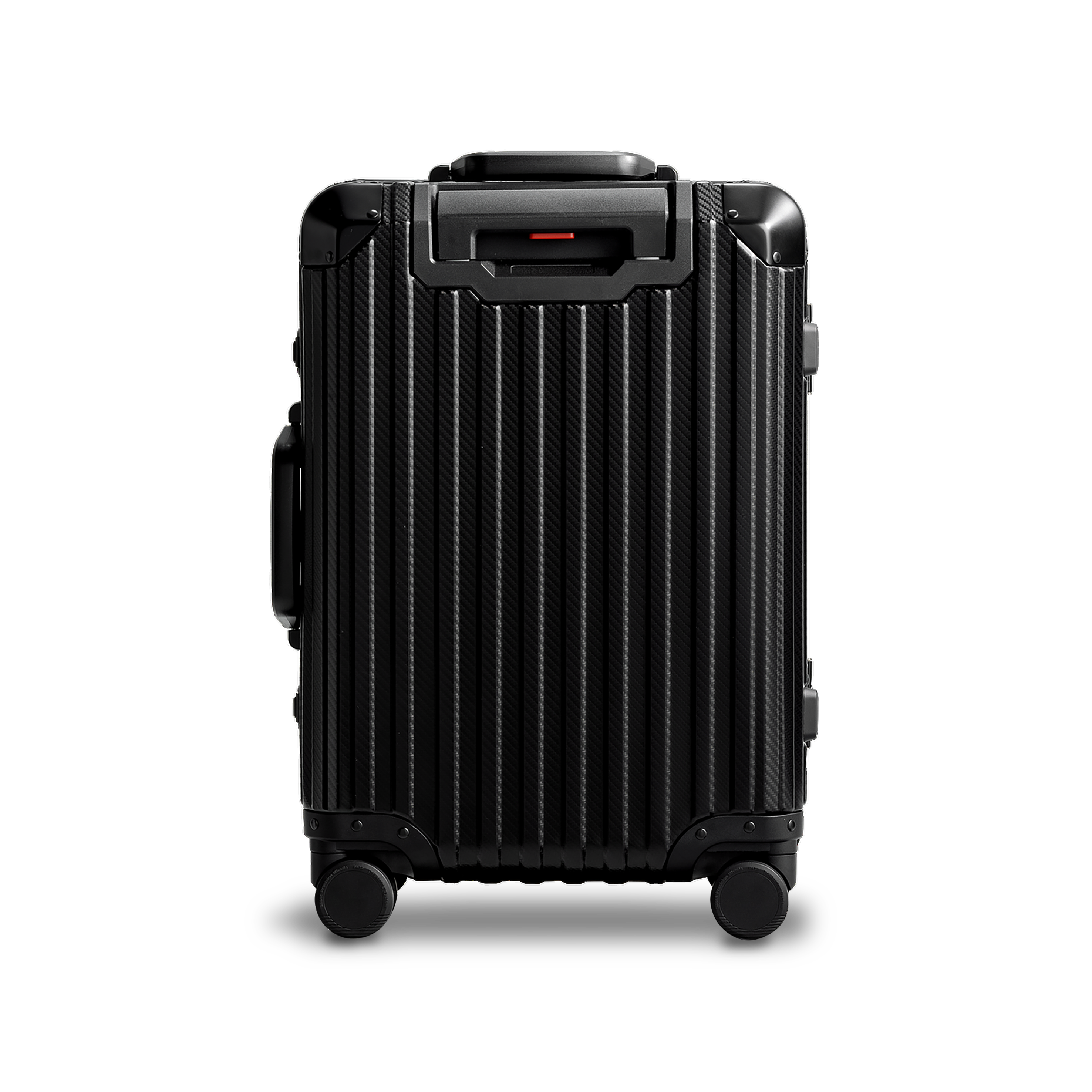 Noir Atelier Black aluminium suitcase back view showing premium hard shell design and luxury travel finish