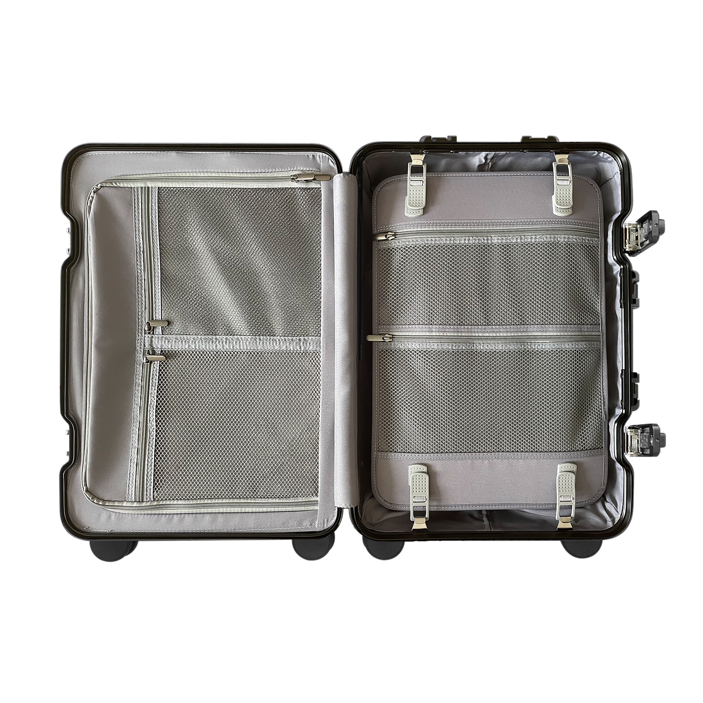 Noir Atelier Black aluminium suitcase open interior with organized compartments and compression straps for travel storage
