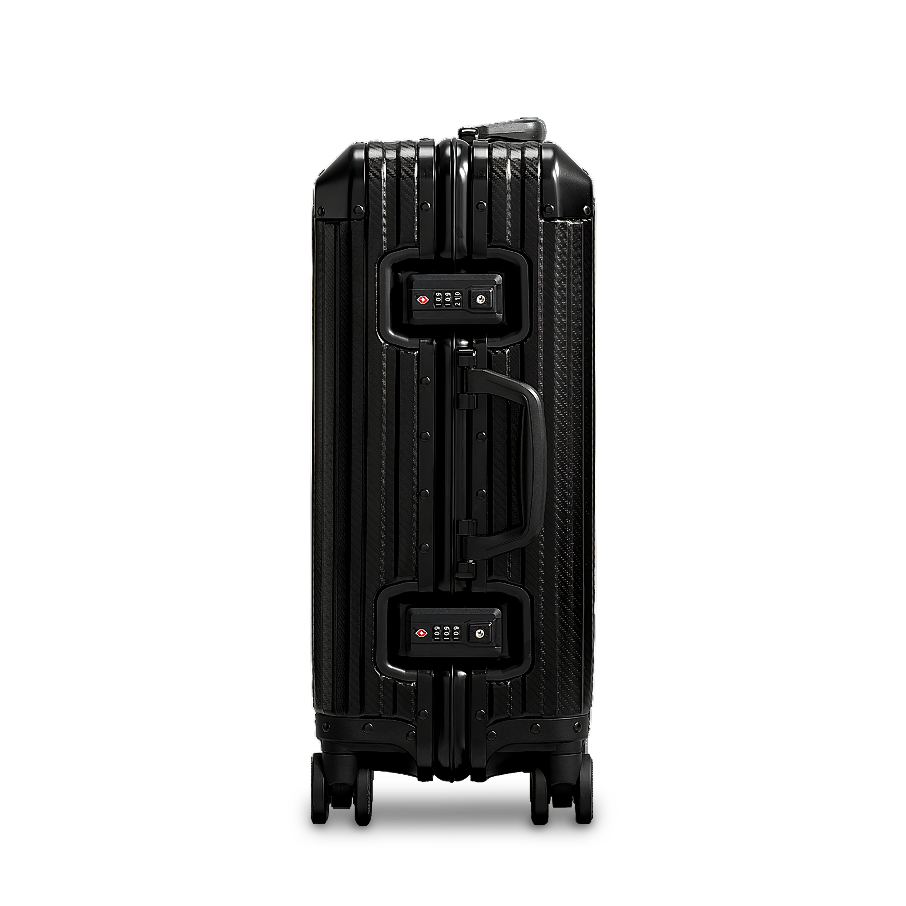Noir Atelier Black aluminium suitcase sided view highlighting locks and handle minimalist design