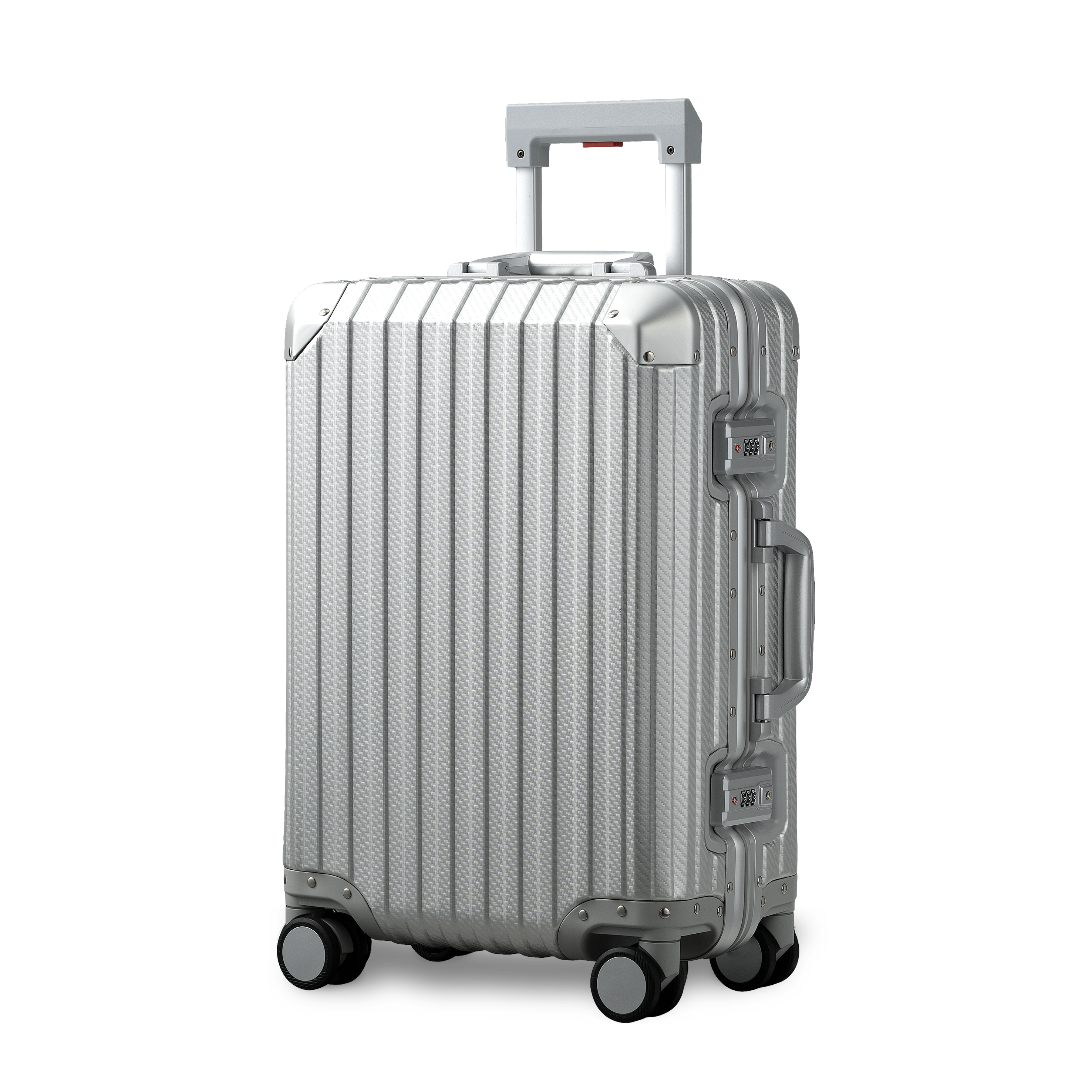 Argent Classic silver aluminium suitcase angled view highlighting durable aluminum shell and elegant minimalist design