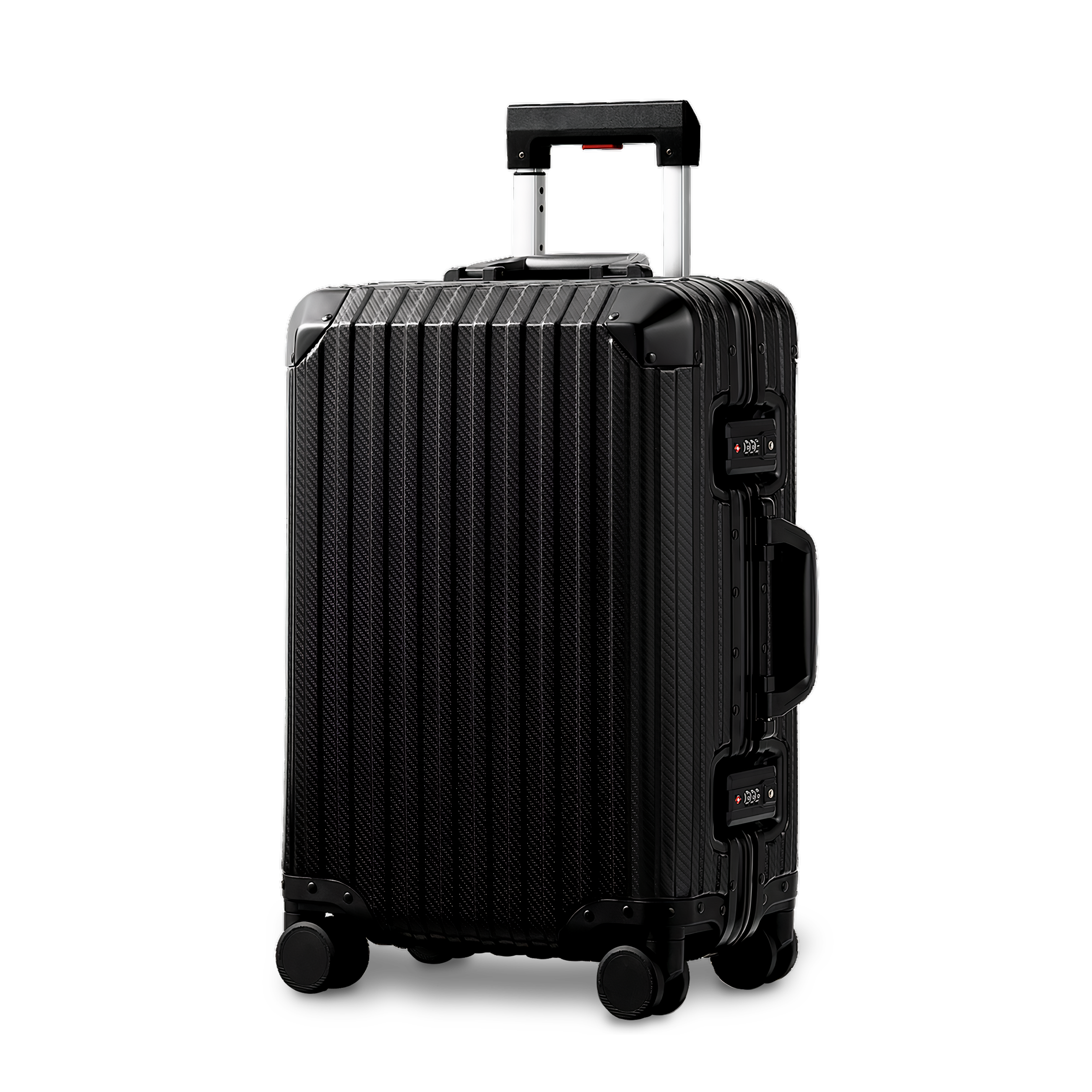 Noir Atelier Black Suitcase aluminium suitcase angled view highlighting durable aluminum shell and elegant minimalist design