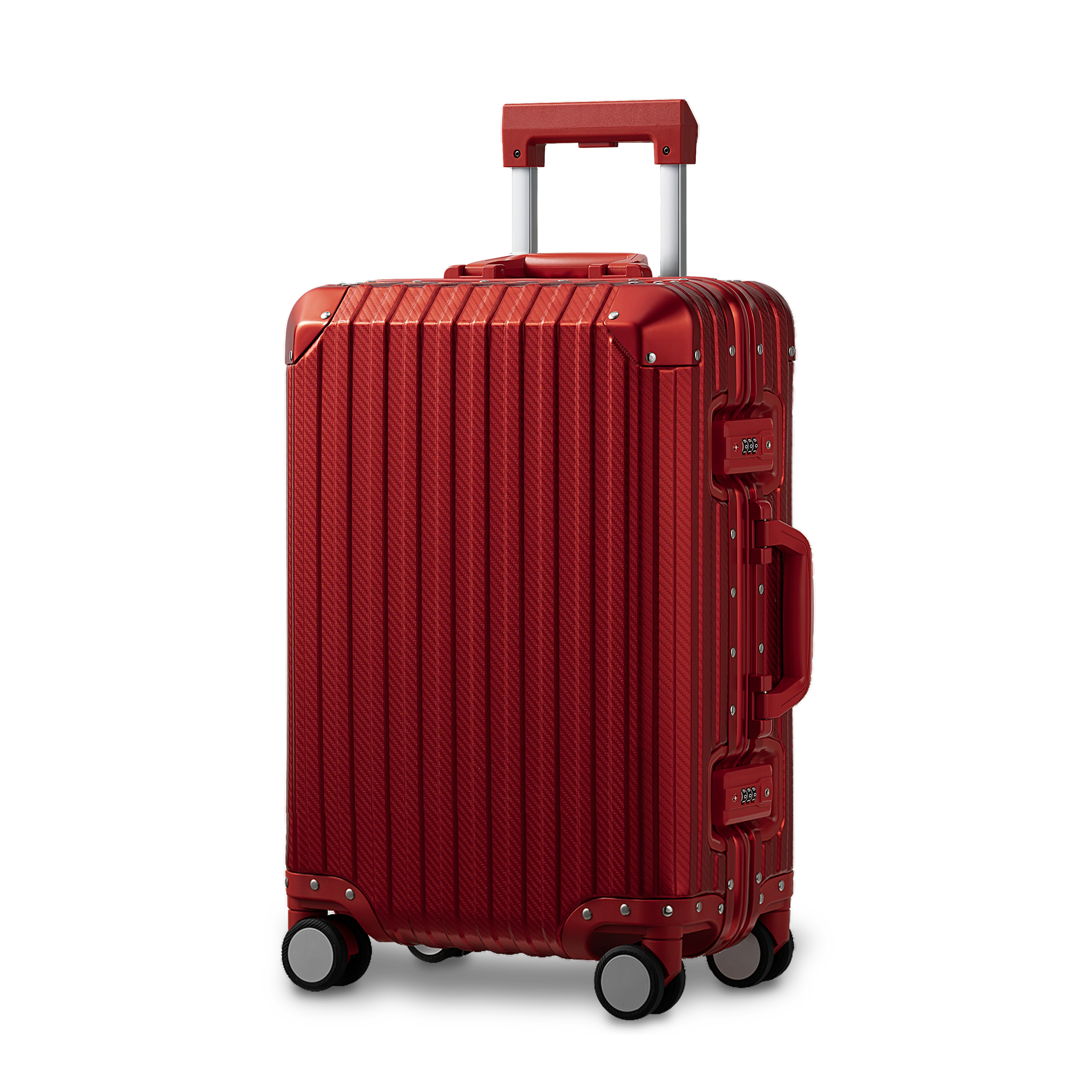 Rouge Intense Red aluminium suitcase angled view highlighting durable aluminum shell and elegant minimalist design