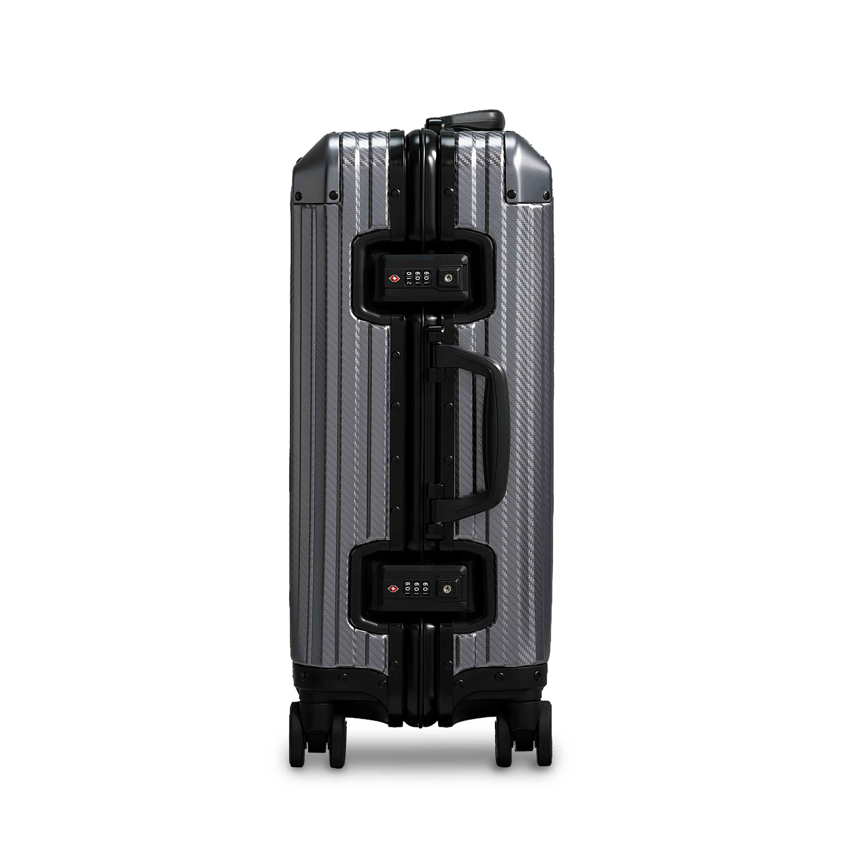 Steel Elegance Gun Metal aluminium suitcase sided view highlighting locks and handle minimalist design