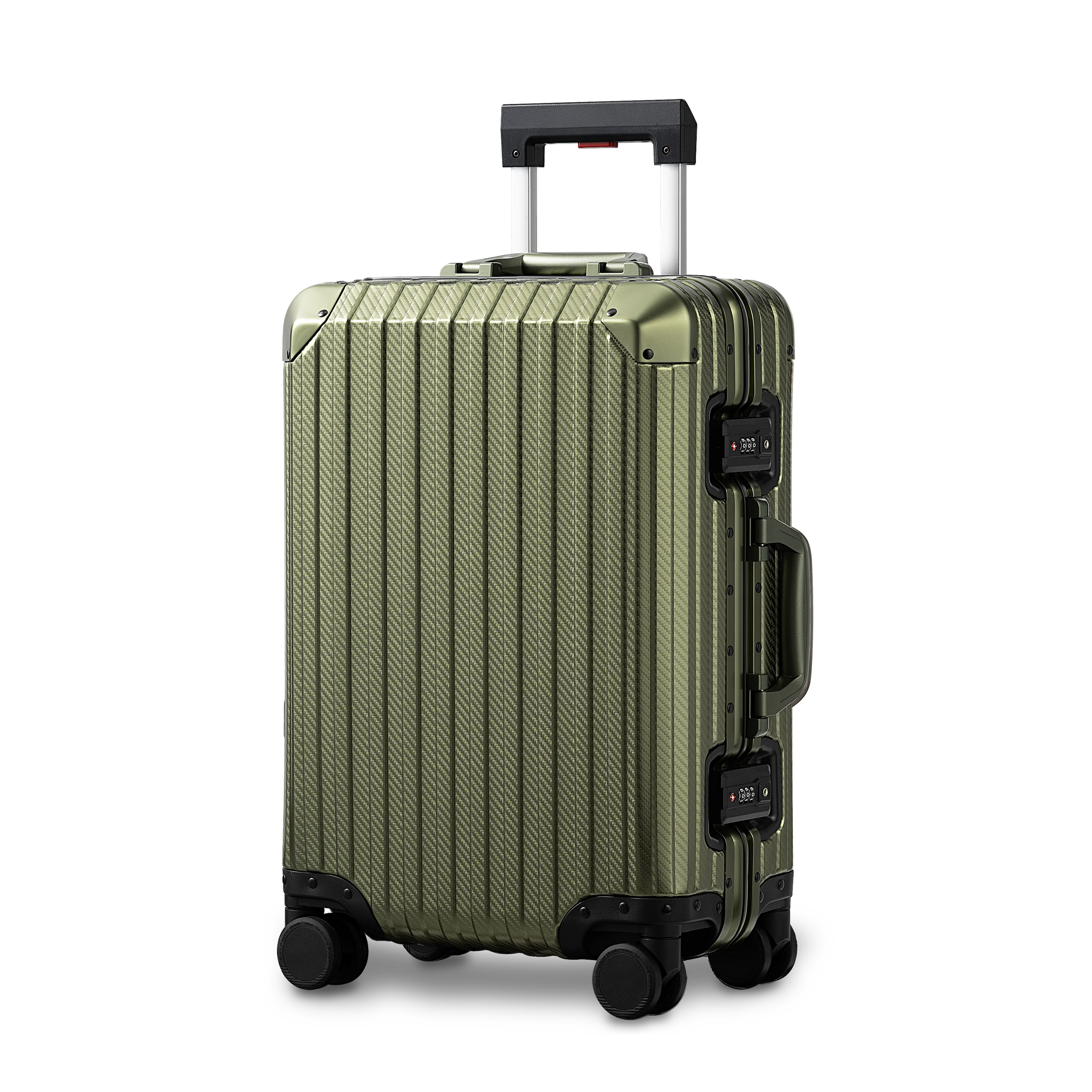 Vert Militaire Army Green aluminium suitcase angled view highlighting durable aluminum shell and elegant minimalist design