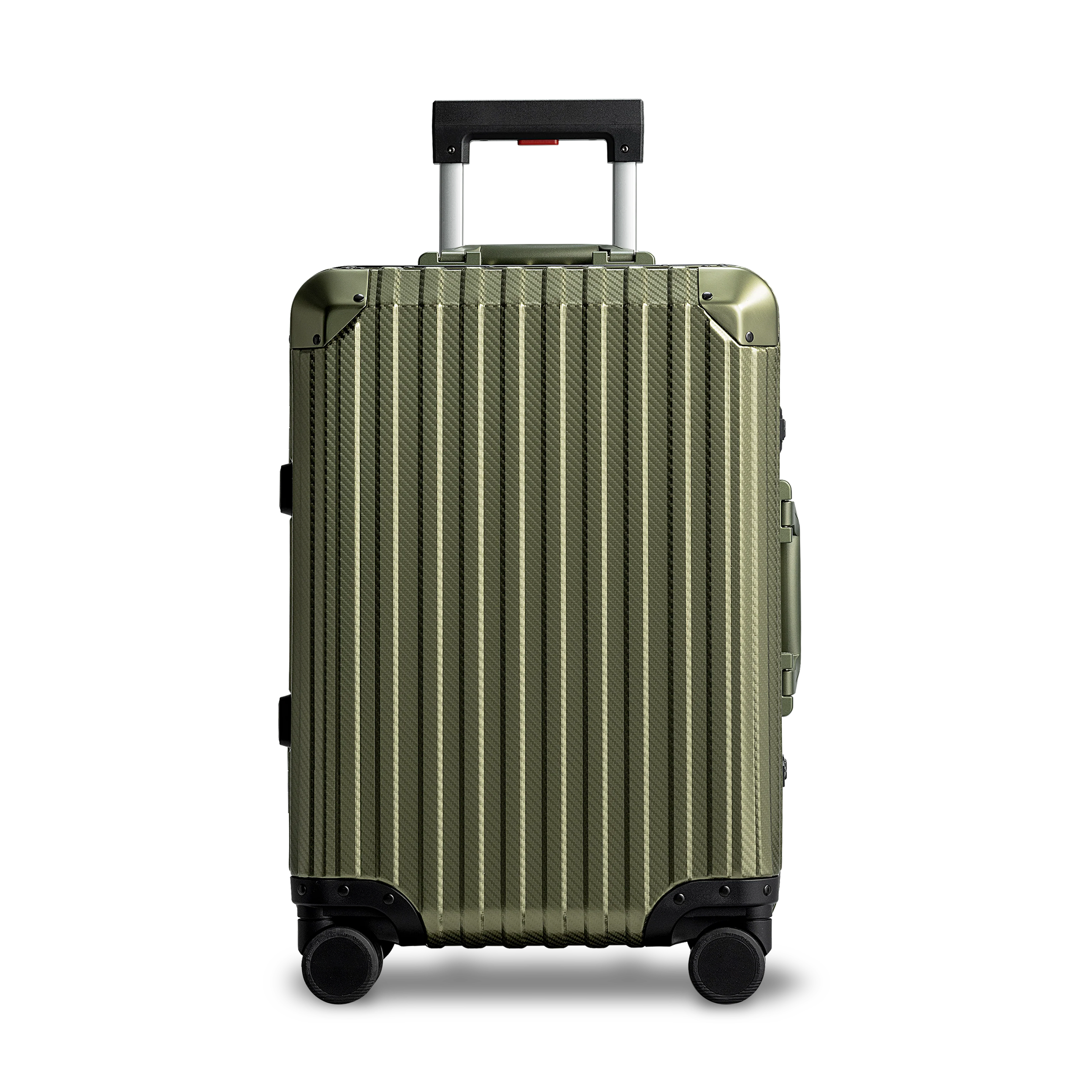 Vert Miliaire Army Green aluminium suitcase front view showing premium hard shell design and luxury travel finish